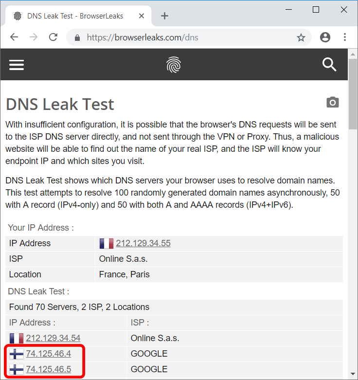 DNS leak detected